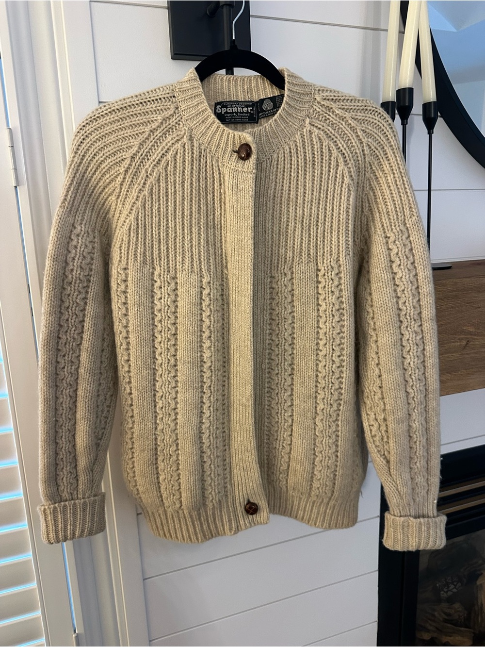 Vintage 100% WOOL SPANNER Cream Cable Knit Women's Cardigan Sweater